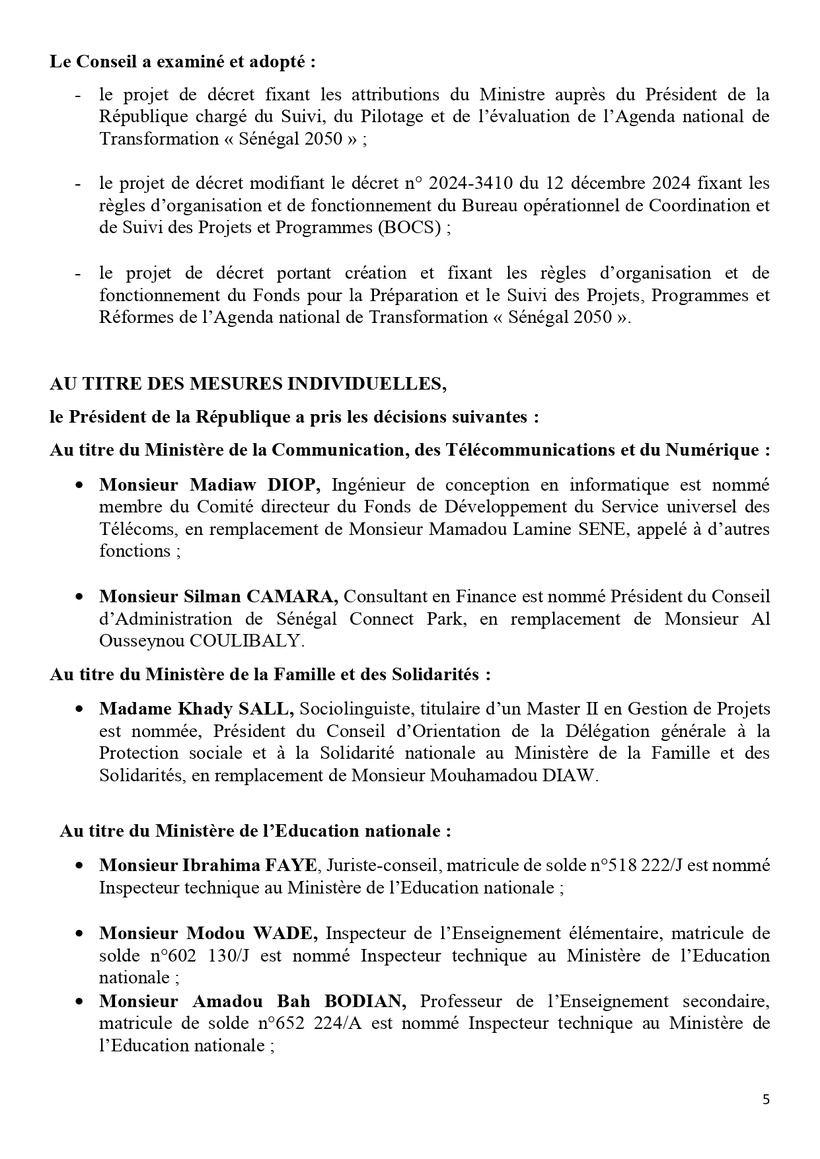 Sénégal : Communiqué du Conseil des ministres du mercredi 30 avril 2025 Sénégal : Communiqué du Conseil des ministres du mercredi 30 avril 2025