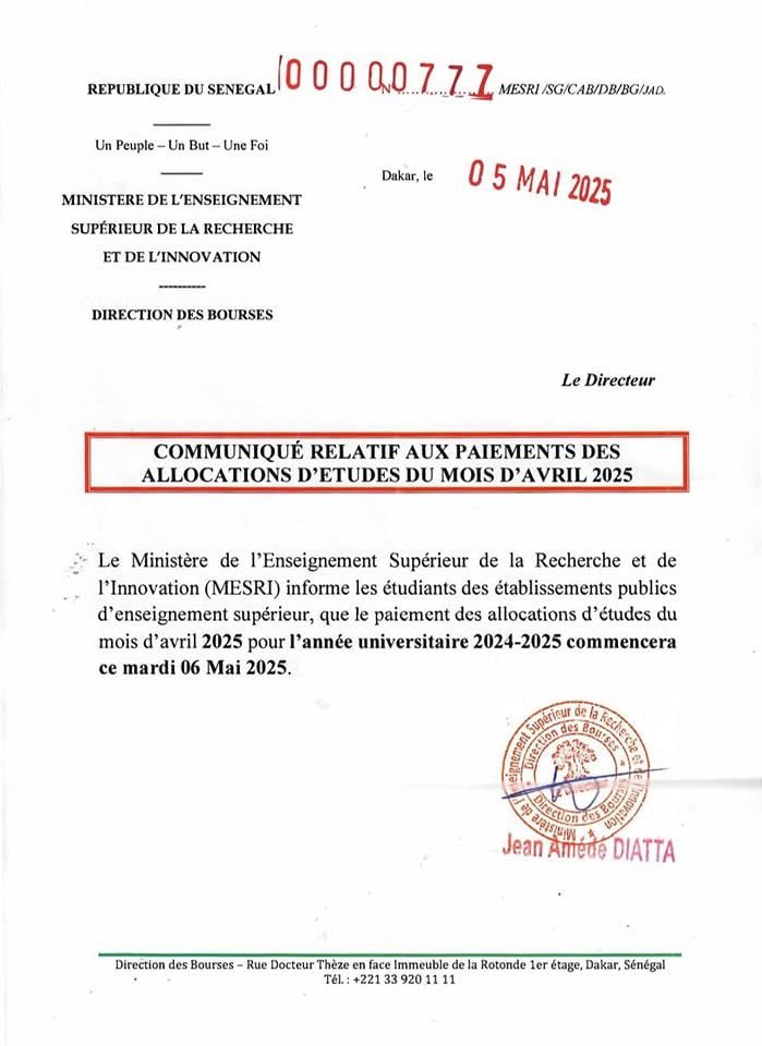 Enseignement supérieur : les bourses du mois d'avril payées à partir de ce mardi