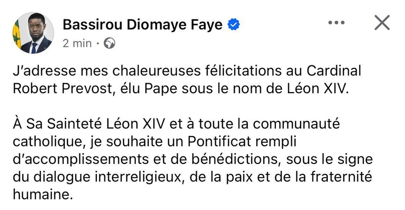 Élection du pape Léon XIV : le Président Bassirou Diomaye Faye félicite le cardinal Robert Prevost