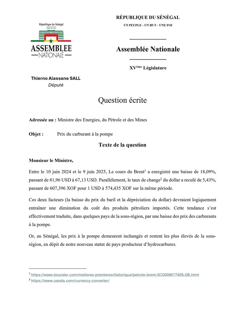 Question écrite: Thierno Alassane Sall interpelle le gouvernement sur le prix du carburant à la pompe Question écrite: Thierno Alassane Sall interpelle le gouvernement sur le prix du carburant à la pompe