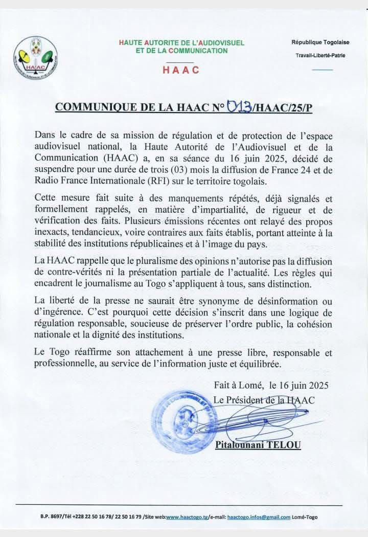 ​Togo : les autorités suspendent la diffusion de France 24 et de RFI pour une durée de 3 mois sur son territoire