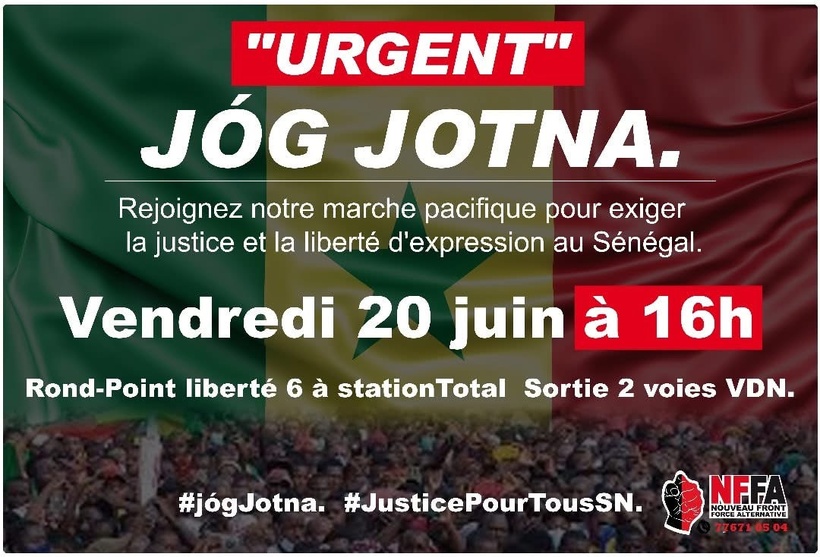 Dakar : le mouvement Jóg Jotna organise à une marche pacifique ce vendredi à Dakar pour la justice et la liberté d’expression Dakar : le mouvement Jóg Jotna organise à une marche pacifique ce vendredi à Dakar pour la justice et la liberté d’expression
