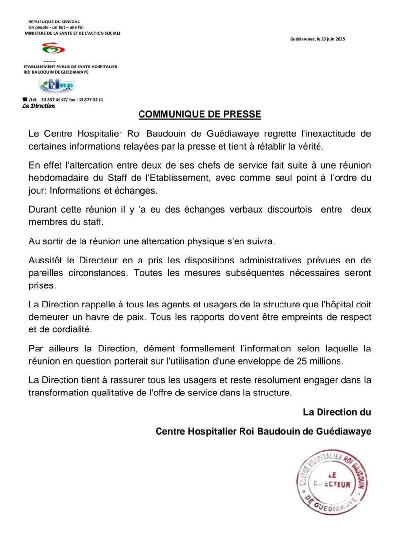 Altercation à l’hôpital Roi Baudouin de Guédiawaye : la direction dément les rumeurs sur des fonds détournés Altercation à l’hôpital Roi Baudouin de Guédiawaye : la direction dément les rumeurs sur des fonds détournés