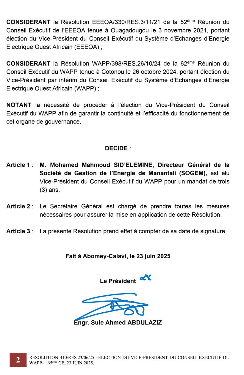 Mohamed Mahmoud SID’ELEMINE élu vice-président du Conseil exécutif du WAPP Mohamed Mahmoud SID’ELEMINE élu vice-président du Conseil exécutif du WAPP