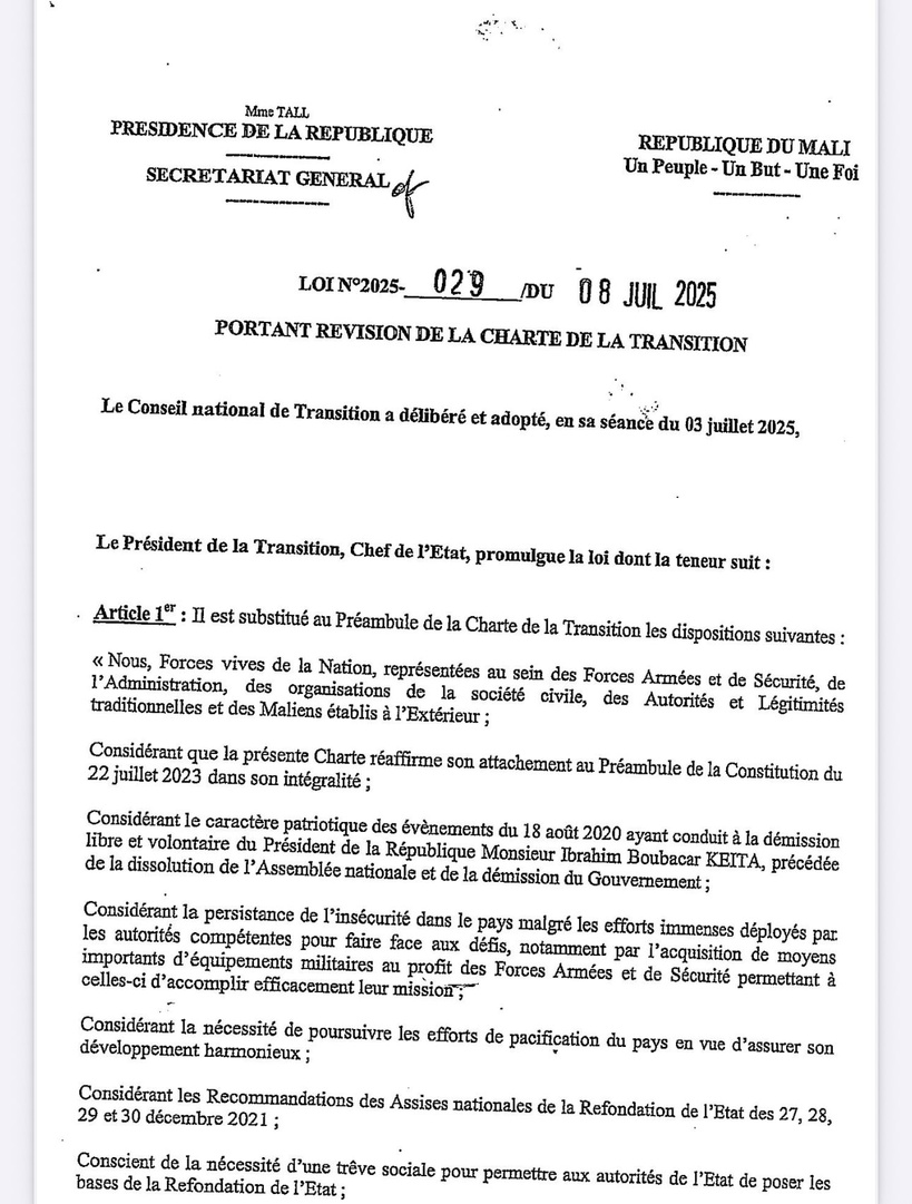 Mali : Assimi Goita promulgue la loi lui accordant un mandat illimité de président (Document)