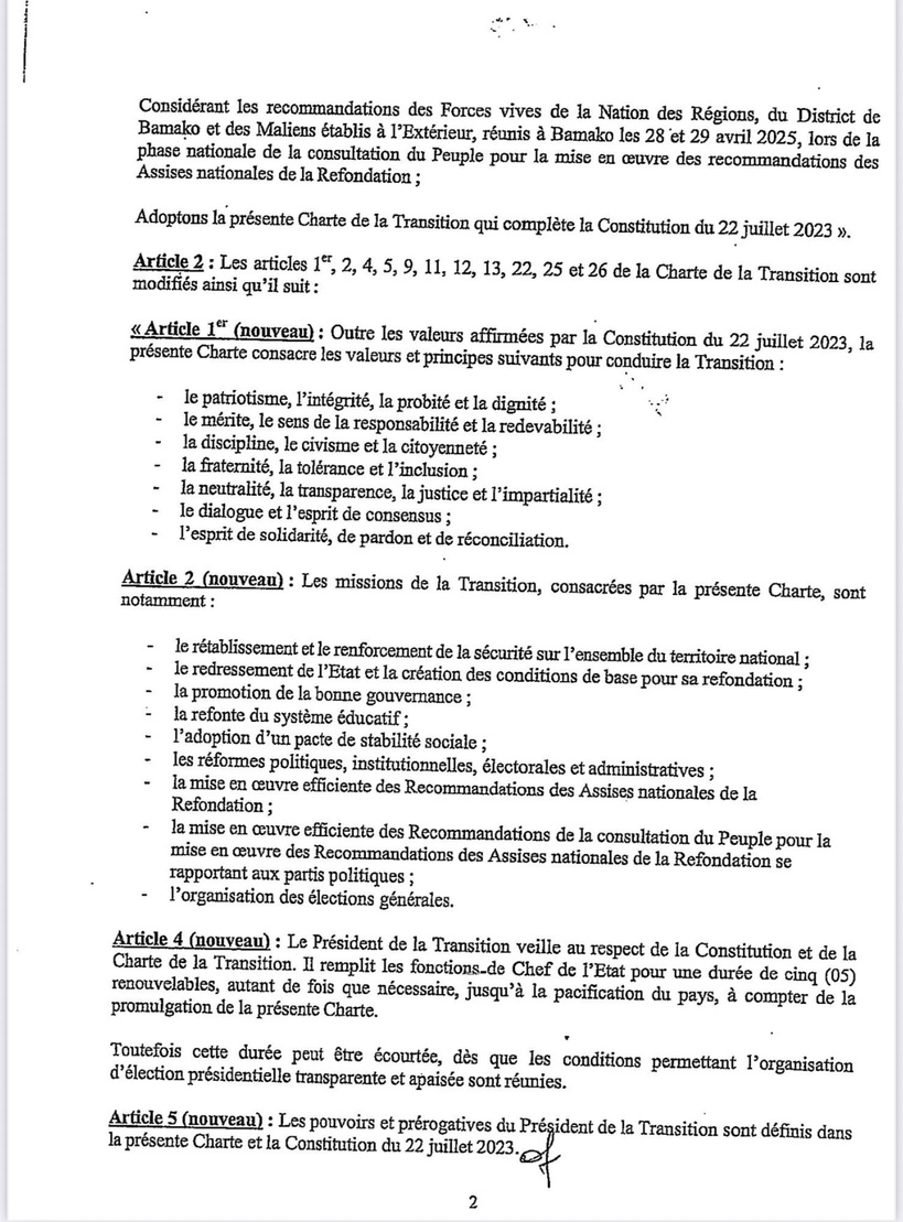 Mali : Assimi Goita promulgue la loi lui accordant un mandat illimité de président (Document)