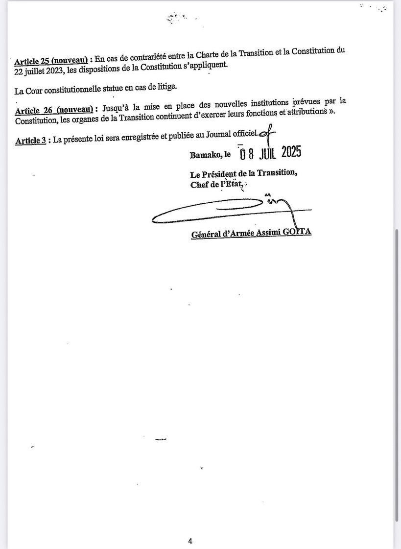Mali : Assimi Goita promulgue la loi lui accordant un mandat illimité de président (Document) Mali : Assimi Goita promulgue la loi lui accordant un mandat illimité de président (Document)