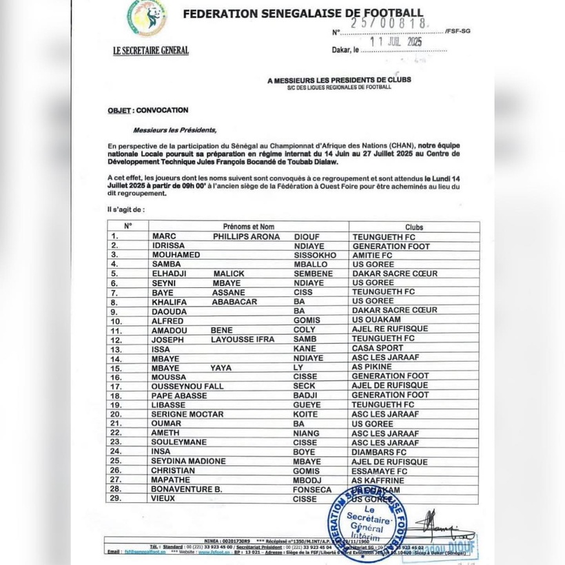 CHAN 2025 : Souleymane Diallo convoque 29 joueurs pour un stage à Toubab Dialaw CHAN 2025 : Souleymane Diallo convoque 29 joueurs pour un stage à Toubab Dialaw