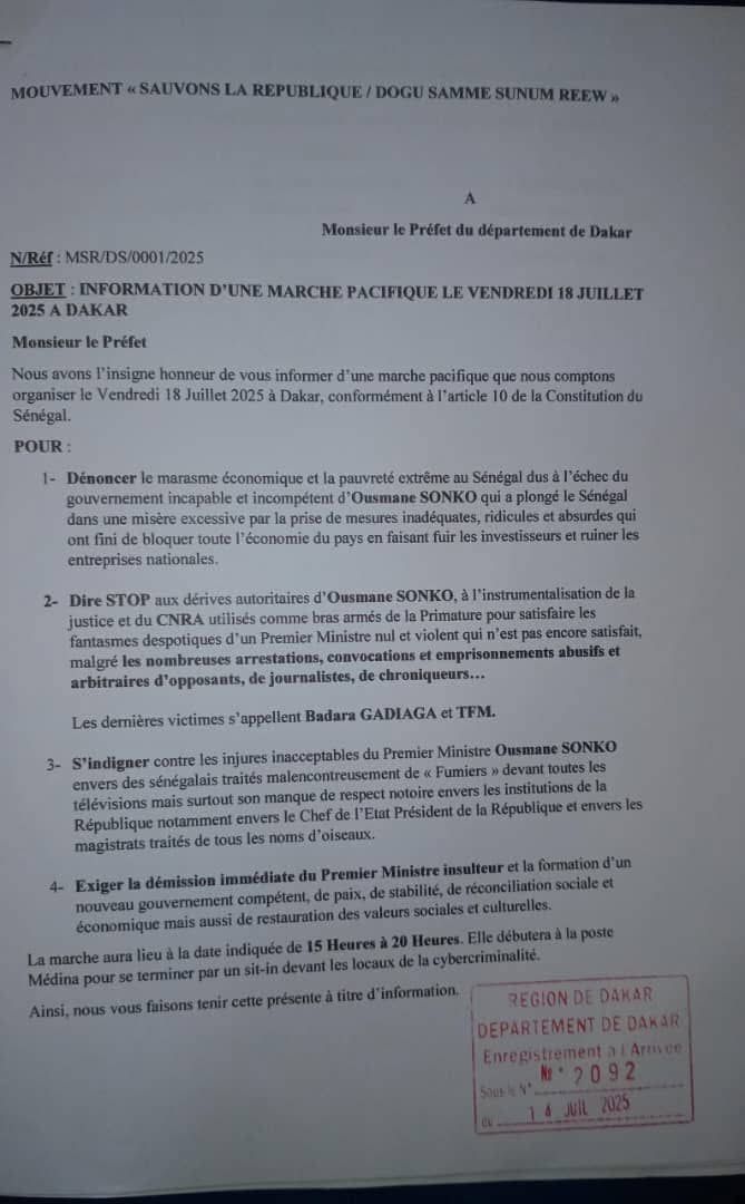 Le mouvement "Sauvons la République" exige la démission d’Ousmane Sonko et annonce une marche à Dakar