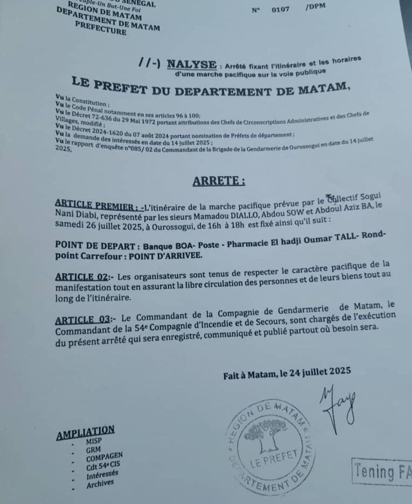 Ourossogui: le préfet autorise la marche pacifique du collectif Sogui Nani Diabi en soutien à Farba Ngom Ourossogui: le préfet autorise la marche pacifique du collectif Sogui Nani Diabi en soutien à Farba Ngom