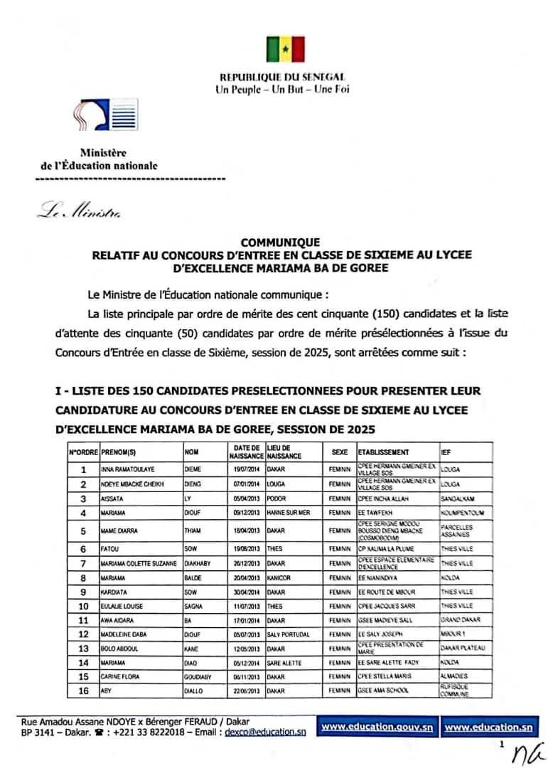 Concours d’entrée au Lycée d’excellence Mariama Bâ : la liste principale et celle d’attente des candidates présélectionnées rendues publiques (Documents)