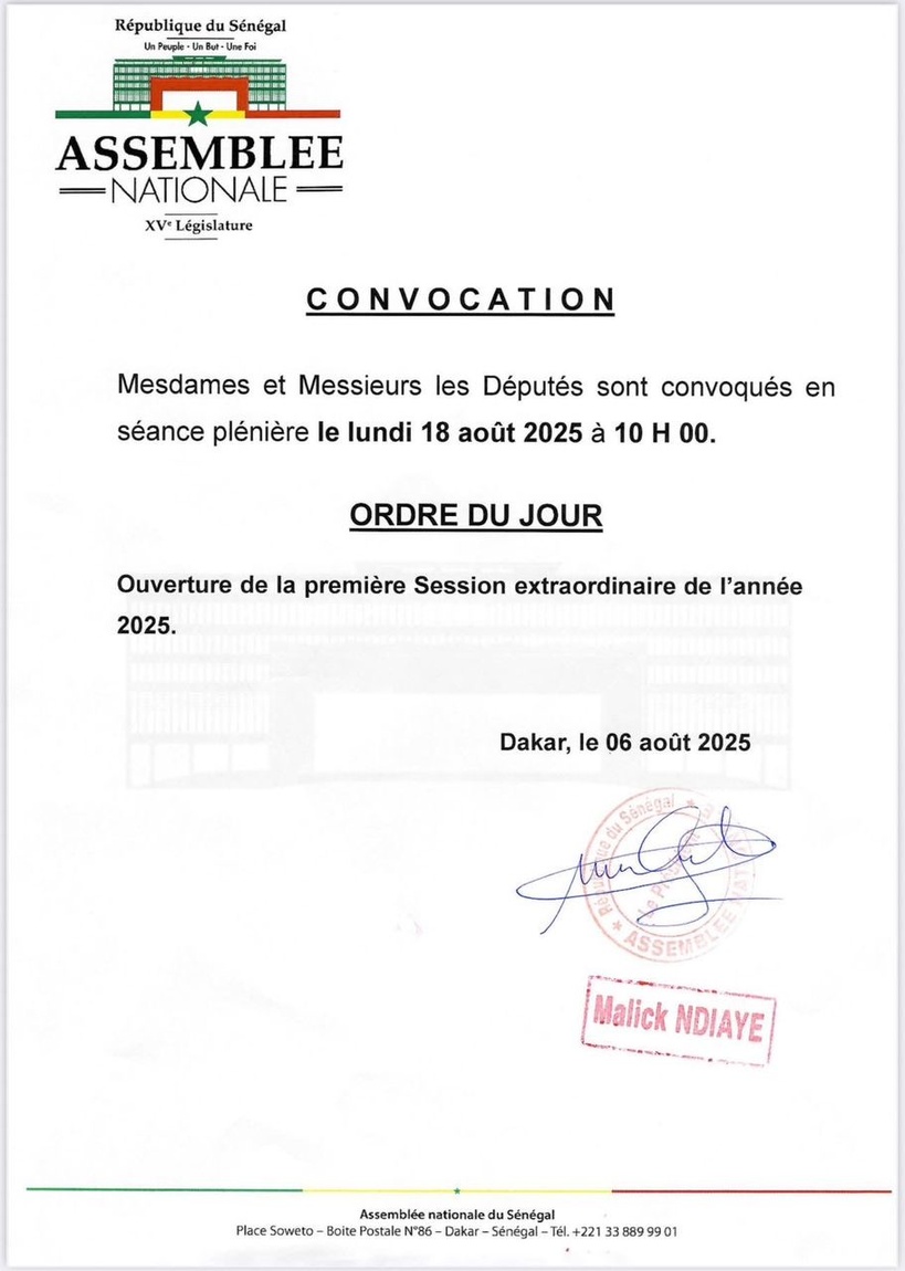 Assemblée nationale : première session extraordinaire convoquée le 18 août Assemblée nationale : première session extraordinaire convoquée le 18 août