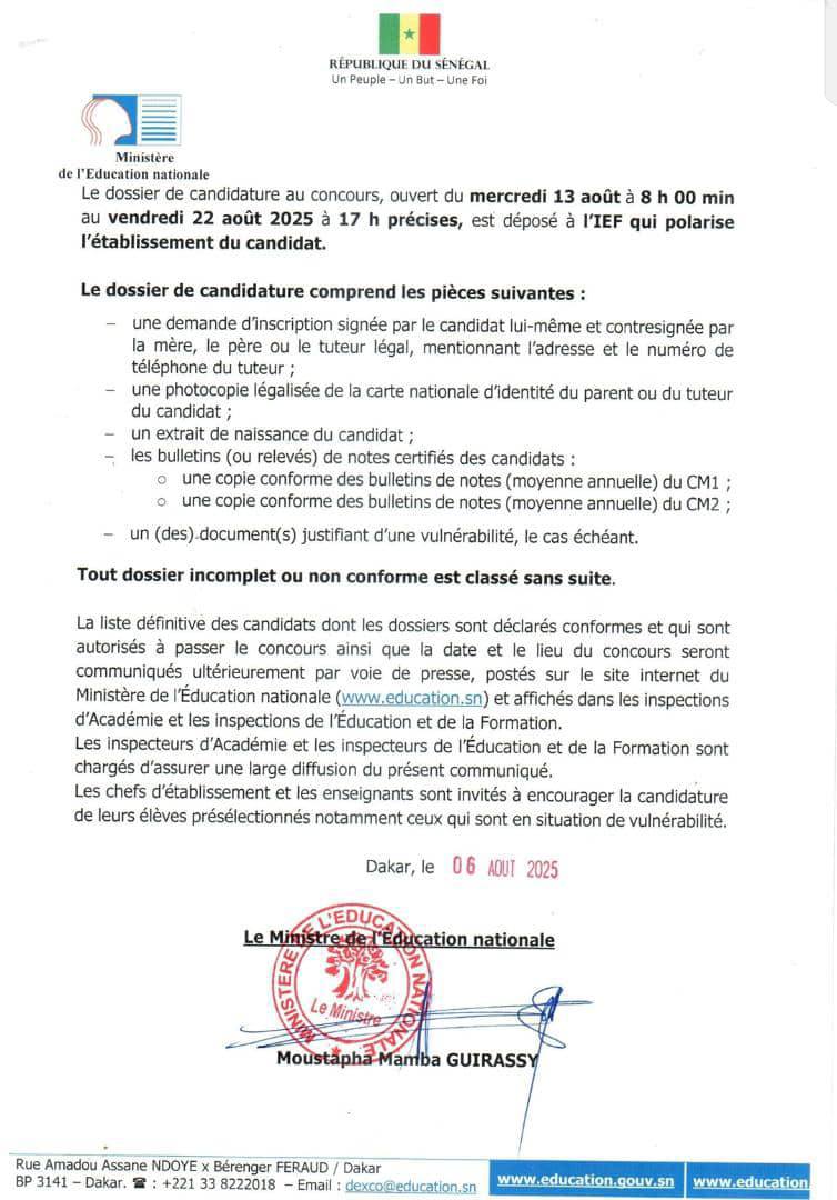LYNAQE 2025 : le ministère de l’Éducation nationale annonce l’ouverture des concours d’entrée en classe de 6e et seconde 