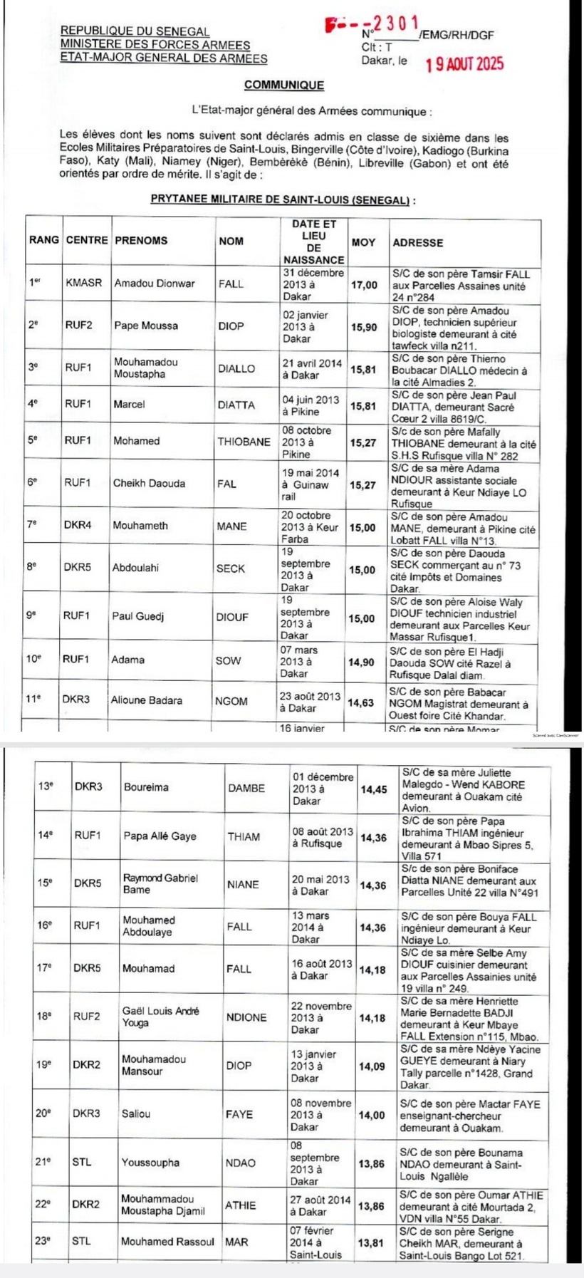 Classe de 6e dans les différentes écoles militaires Préparatoires : voici la liste des admis (Documents) Classe de 6e dans les différentes écoles militaires Préparatoires : voici la liste des admis (Documents)