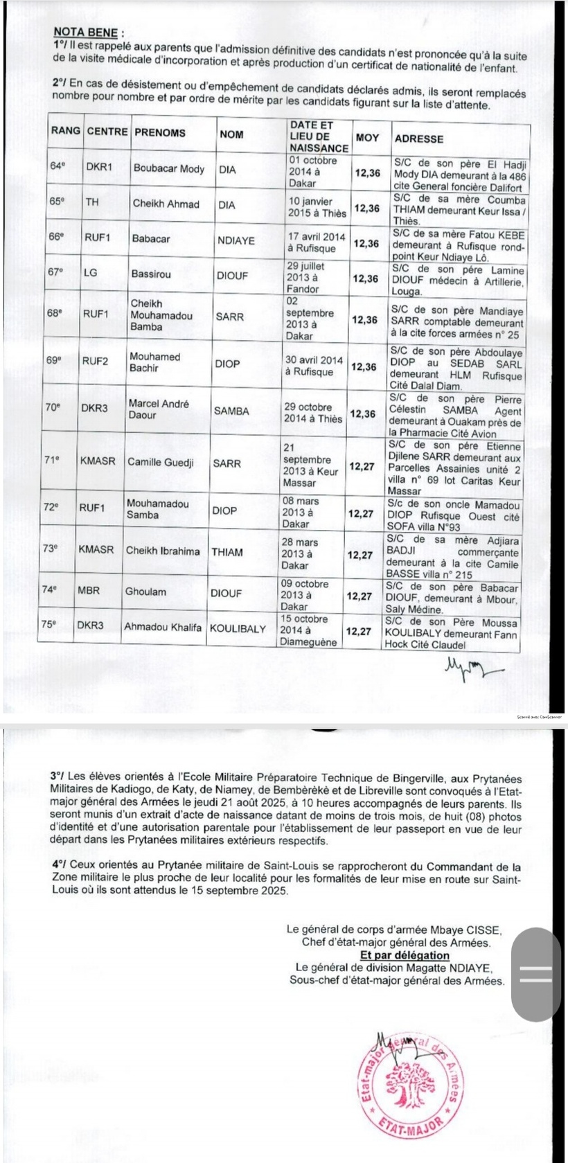 Classe de 6e dans les différentes écoles militaires Préparatoires : voici la liste des admis (Documents) Classe de 6e dans les différentes écoles militaires Préparatoires : voici la liste des admis (Documents)