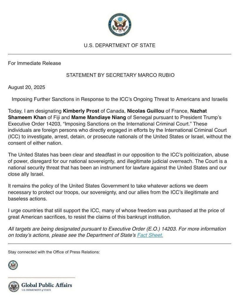 Washington sanctionne de nouvelles personnalités liées à la Cour pénale internationale Washington sanctionne de nouvelles personnalités liées à la Cour pénale internationale