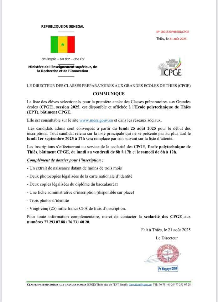 Les Résultats du concours d’entrée aux classes préparatoires aux grandes écoles sont disponibles (Documents)
