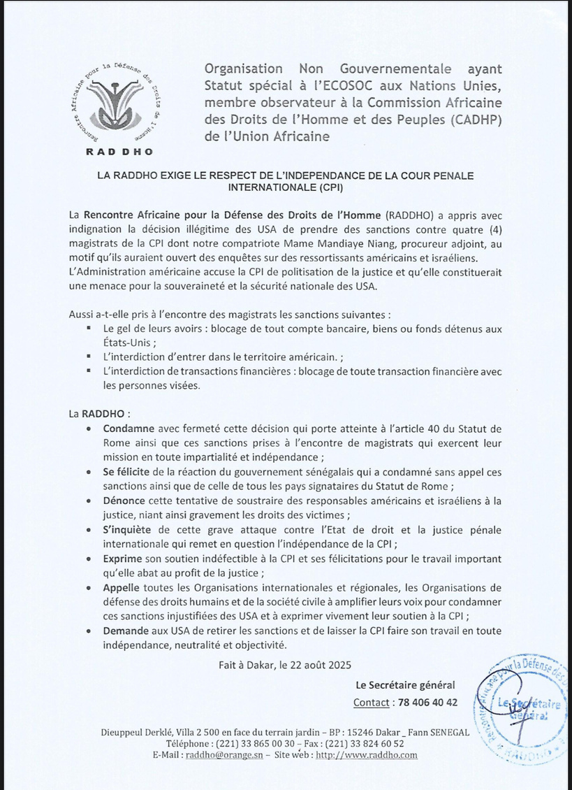 Sénégal : la RADDHO condamne les sanctions américaines contre des magistrats de la CPI Sénégal : la RADDHO condamne les sanctions américaines contre des magistrats de la CPI