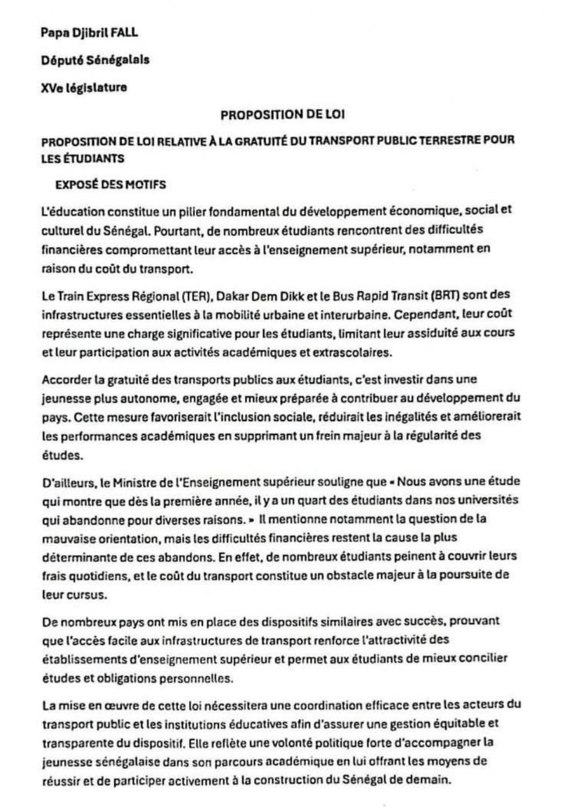Assemblée nationale :  la proposition de loi de Pape Djibril Fall pour la gratuité des transports pour les étudiants