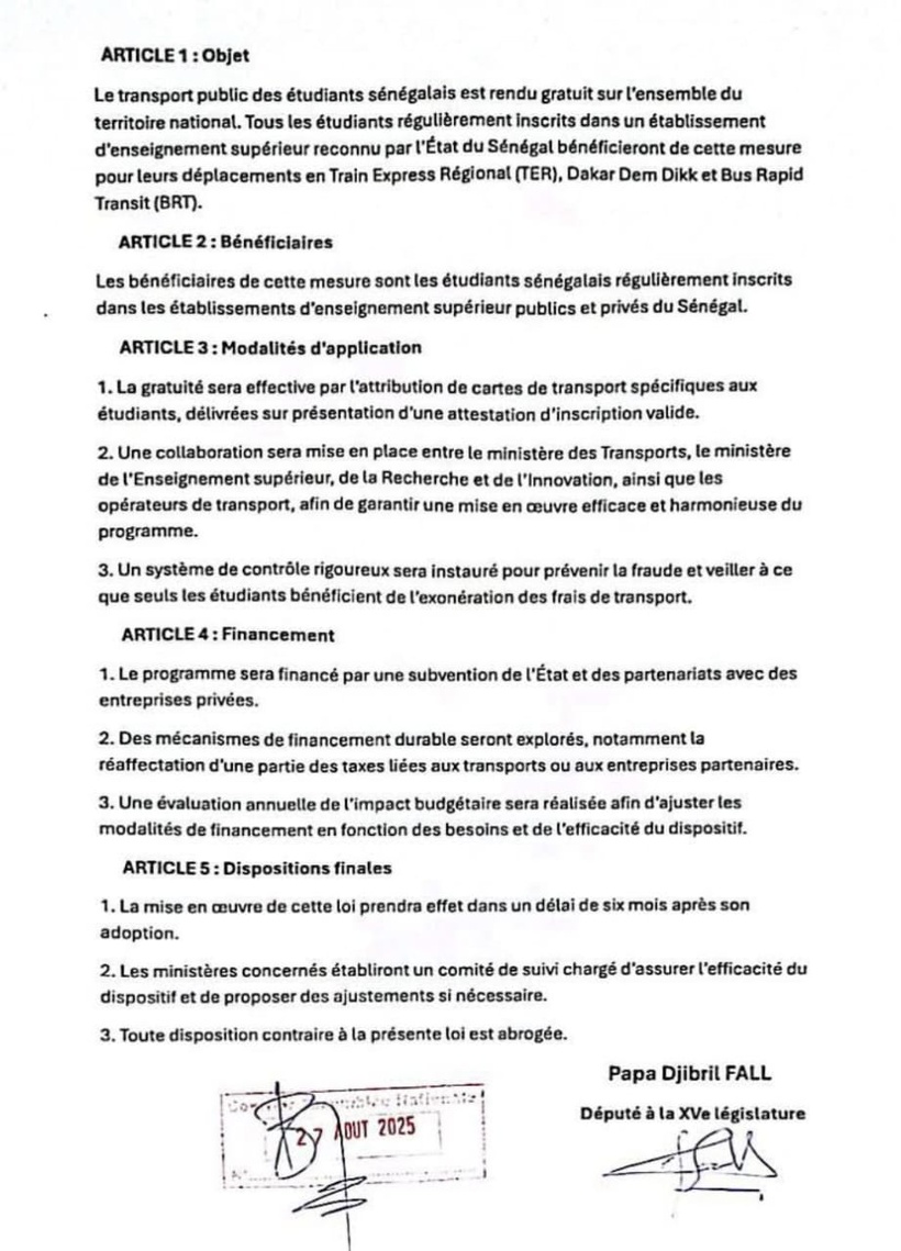 Assemblée nationale :  la proposition de loi de Pape Djibril Fall pour la gratuité des transports pour les étudiants