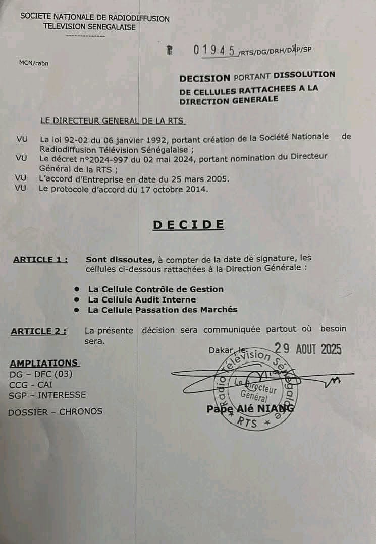 Dissolution de cellules à la Rts : voici la décision de Pape Alé Niang (Document) 