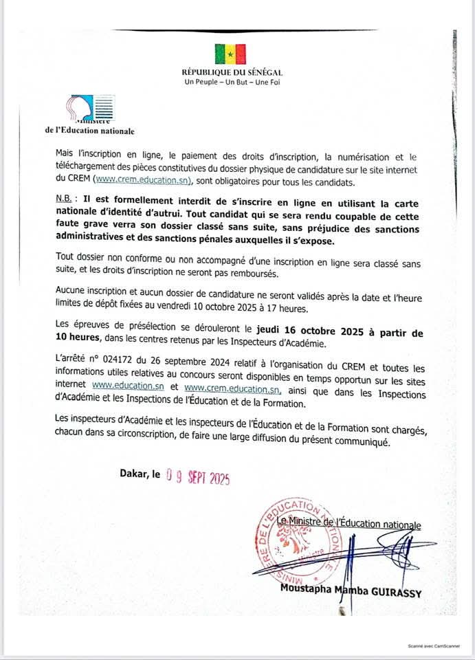 Ouverture du CREM 2025 : les dépôts sont prévus du 10 septembre au 10 octobre, les épreuves fixées au 16 octobre Ouverture du CREM 2025 : les dépôts sont prévus du 10 septembre au 10 octobre, les épreuves fixées au 16 octobre