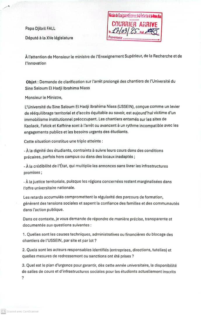 Sénégal : Papa Djibril Fall interpelle le ministre de l’Enseignement supérieur sur les chantiers universitaires inachevés