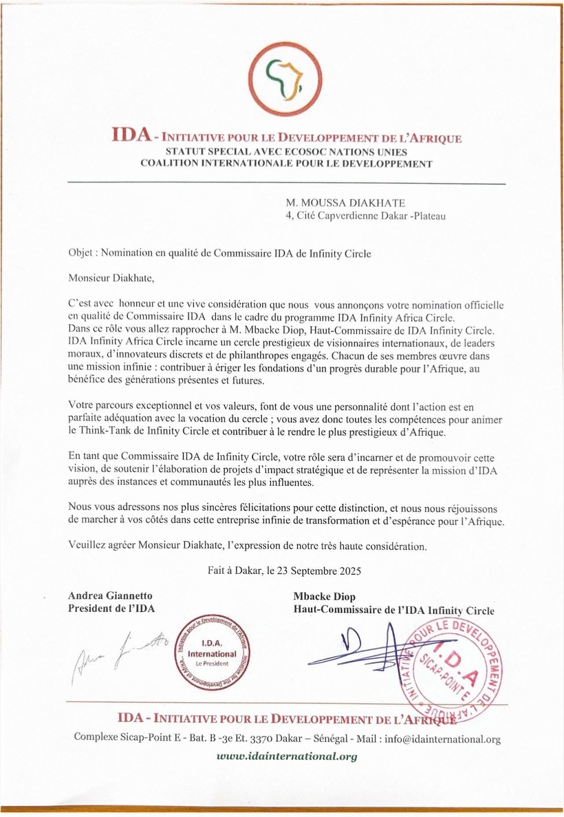 Moussa Diakhaté nommé Commissaire de l’IDA Infinity Circle
