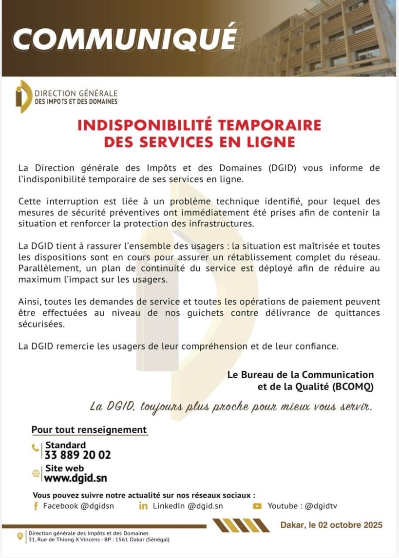 DGID : interruption temporaire des services en ligne, les guichets mobilisés DGID : interruption temporaire des services en ligne, les guichets mobilisés