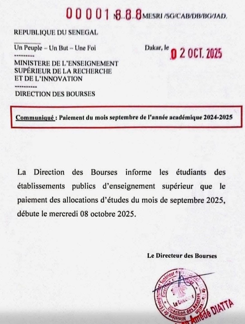 Allocations d’études de septembre : la Direction des Bourses annonce le paiement pour ce mercredi 8 octobre Allocations d’études de septembre : la Direction des Bourses annonce le paiement pour ce mercredi 8 octobre