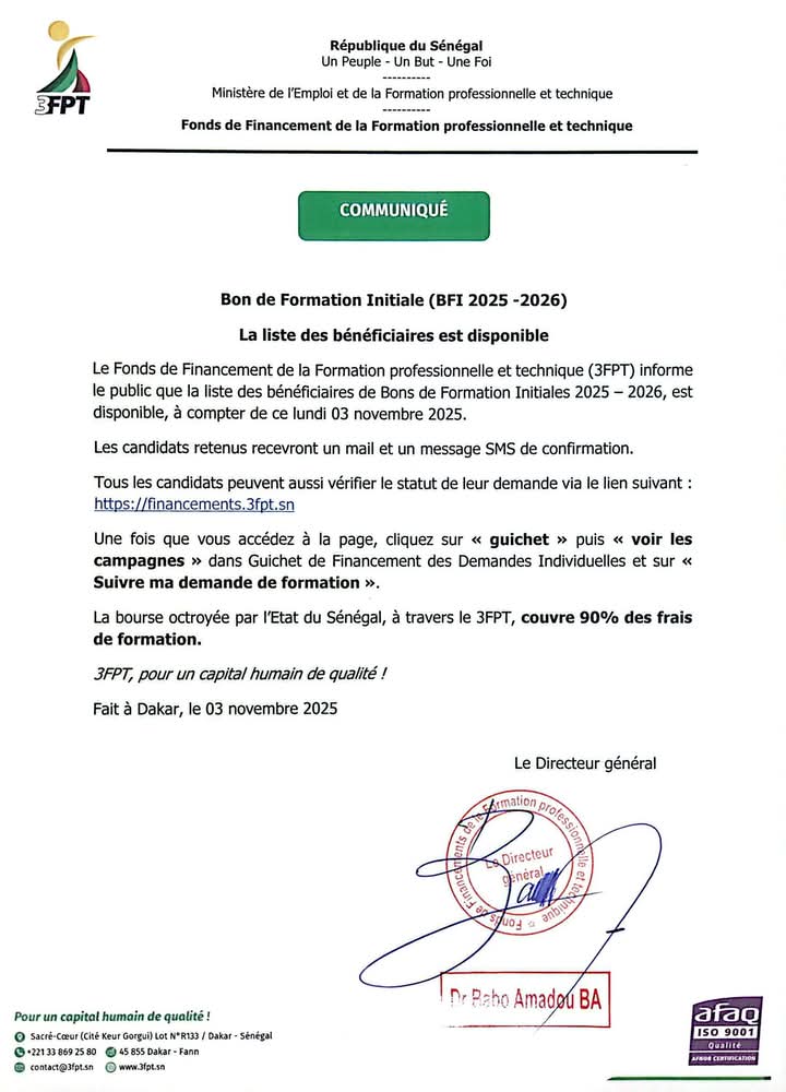  3FPT : la liste des bénéficiaires des Bons de Formation Initiale désormais disponible 