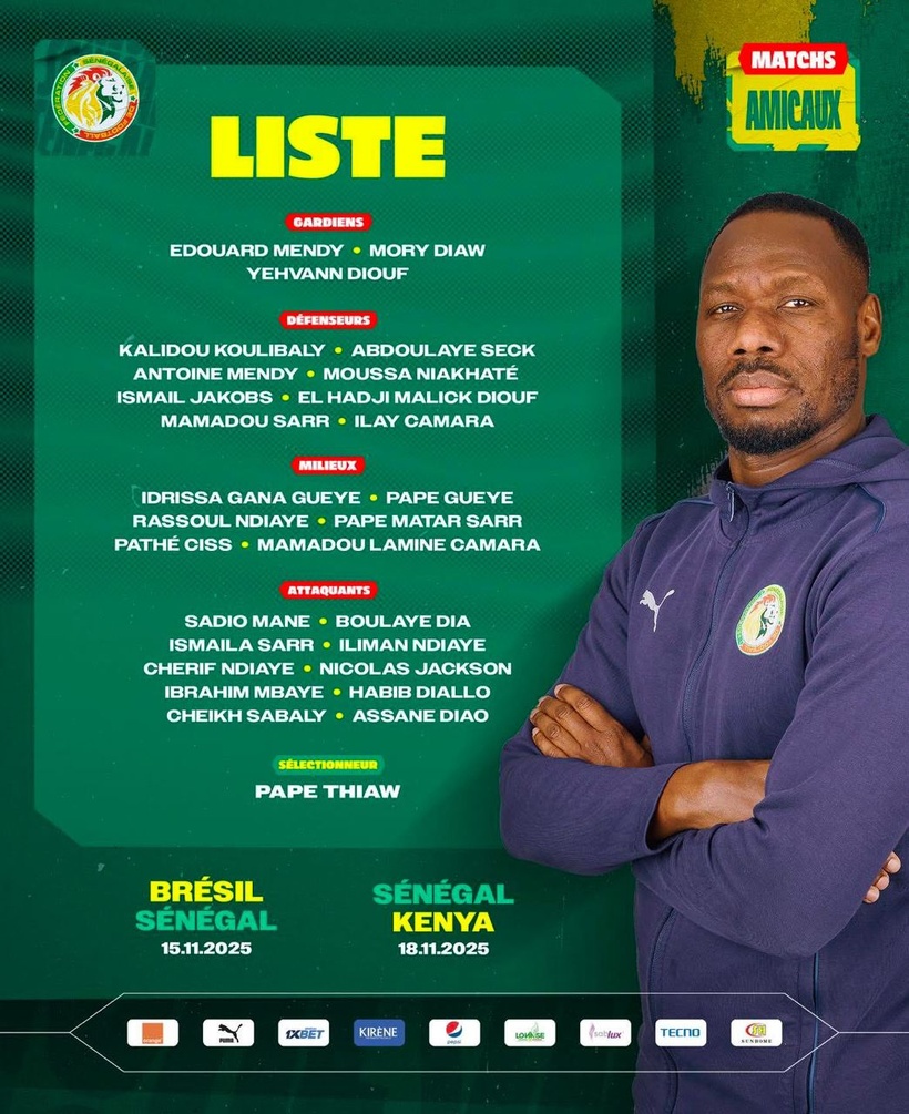Matchs amicaux Sénégal Vs Brésil et Sénégal Vs Kenya : Voici la liste des joueurs convoqués (Document) Matchs amicaux Sénégal Vs Brésil et Sénégal Vs Kenya : Voici la liste des joueurs convoqués (Document)