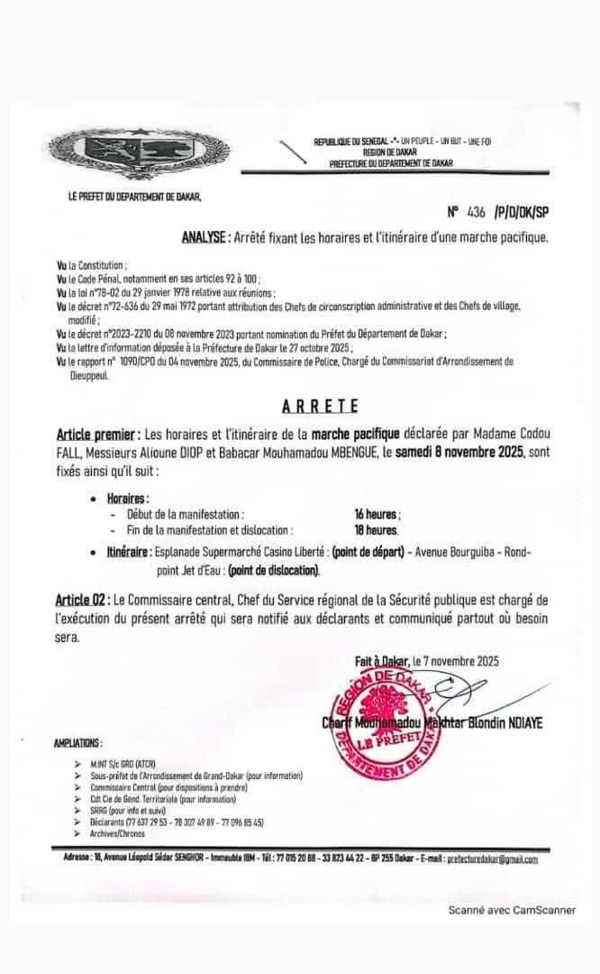 Dakar : Le préfet autorise deux marches pacifiques ce samedi 8 novembre (Documents)