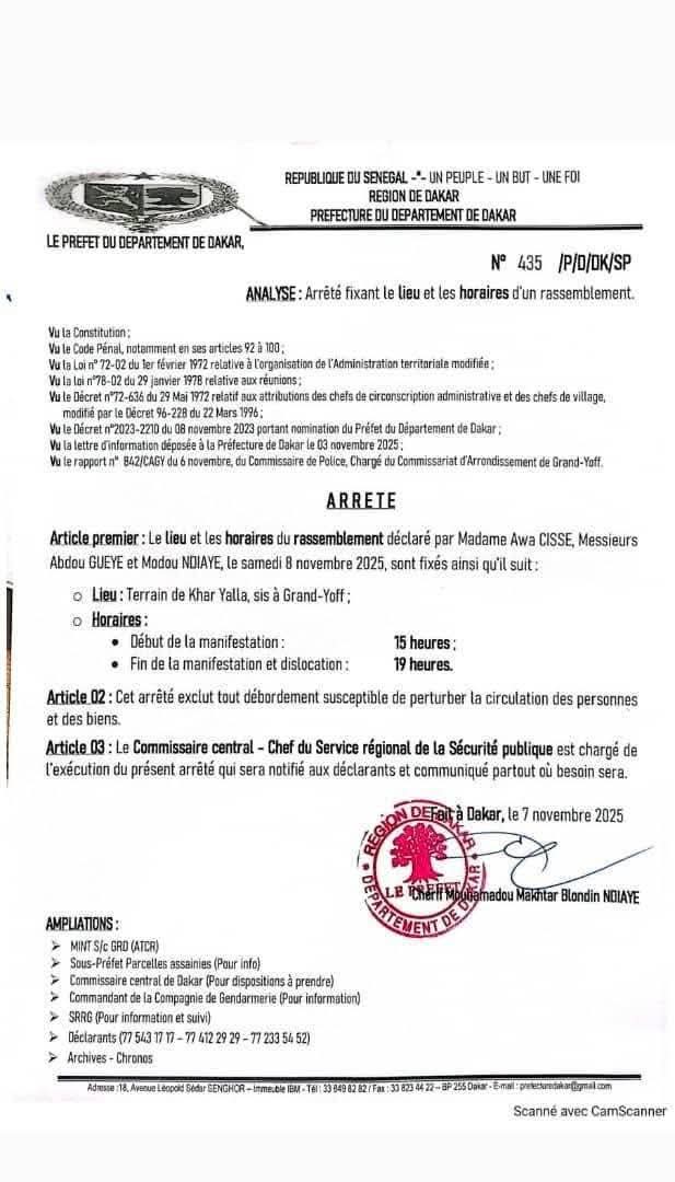 Dakar : Le préfet autorise deux marches pacifiques ce samedi 8 novembre (Documents)