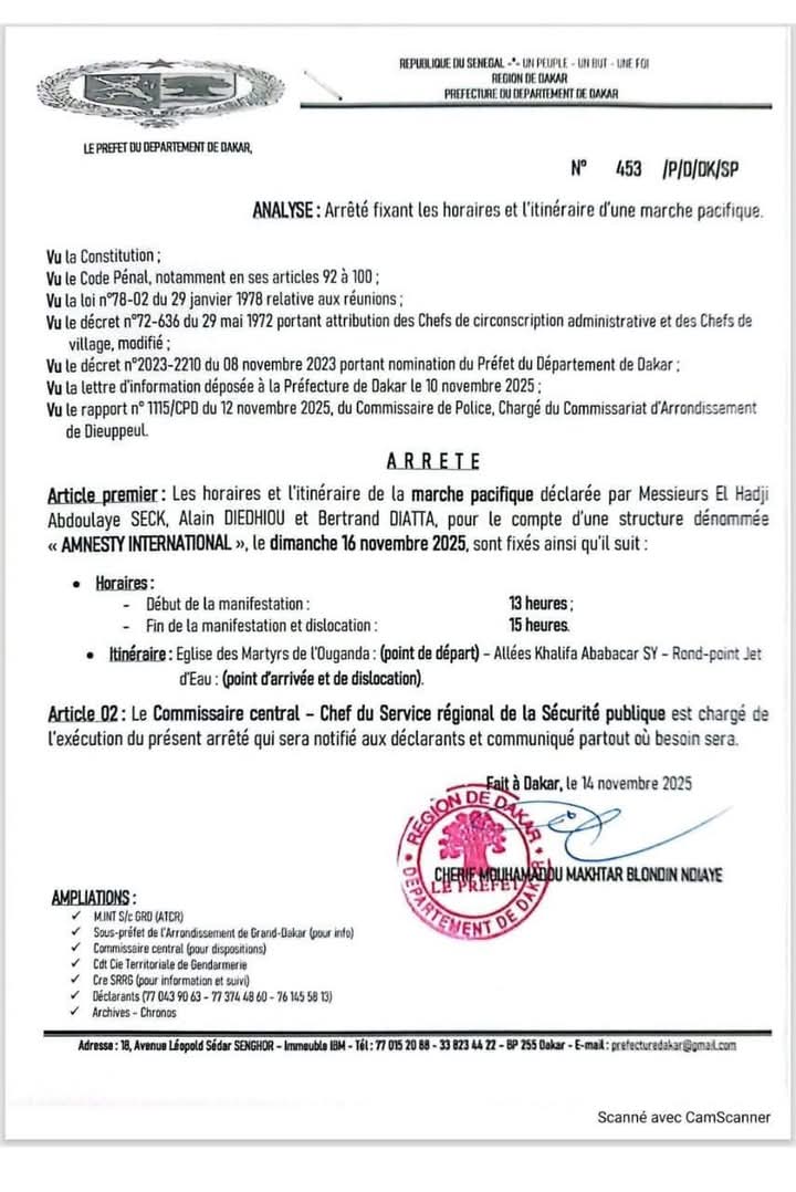 Affaire Fulbert Sambou et Didier Badji : le préfet de Dakar autorise la marche pacifique d’Amnesty International