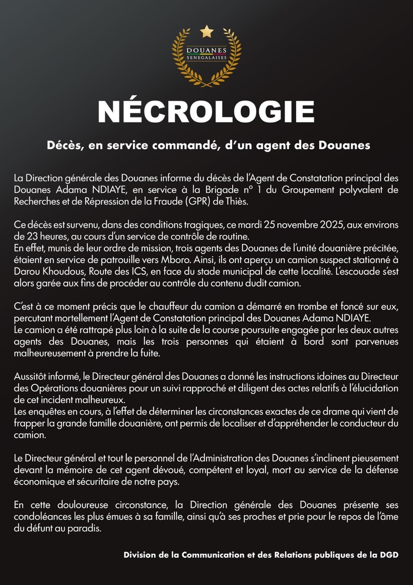 Douanes : un agent mortellement fauché lors d’un contrôle à Thiès Douanes : un agent mortellement fauché lors d’un contrôle à Thiès