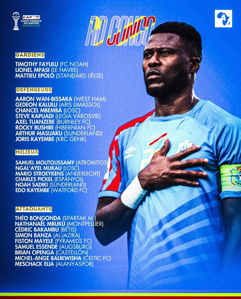 CAN 2025 : la liste de la RD Congo avec Wan-Bissaka, Bakambu et Mbemba, mais sans Wissa