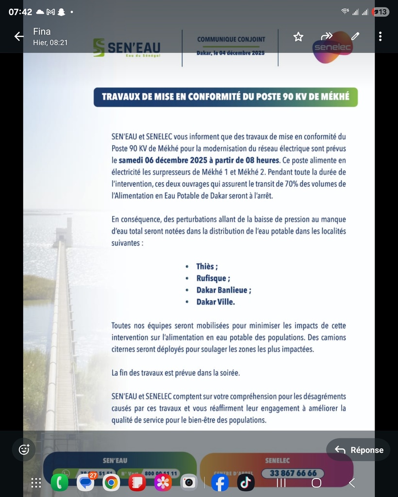 Alerte coupure d'eau à Dakar et alentours : des travaux électriques prévus samedi 6 décembre 2025 Alerte coupure d'eau à Dakar et alentours : des travaux électriques prévus samedi 6 décembre 2025