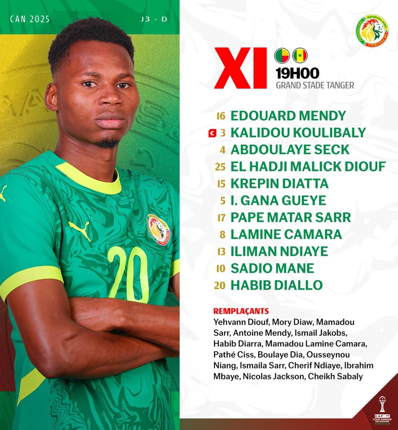 Bénin- Sénégal (CAN 2025) : le onze de départ des « Lions » avec Abdoulaye Seck, El Malick Diouf et Habib Diallo Bénin- Sénégal (CAN 2025) : le onze de départ des « Lions » avec Abdoulaye Seck, El Malick Diouf et Habib Diallo