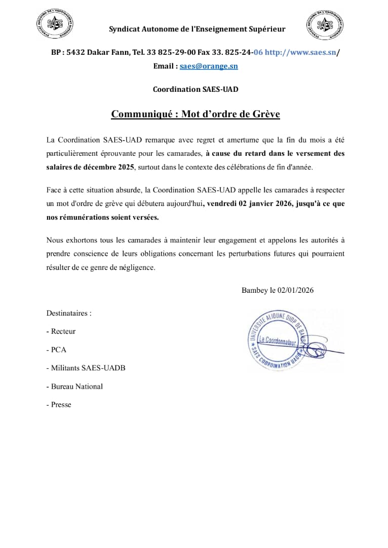 Crise à l'Université Alioune Diop de Bambey : Le SAES en grève pour réclamer les salaires de décembre