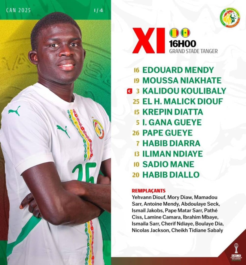 Mali vs Sénégal (CAN 2025): le onze de départ des “Lions” avec Koulibaly et Habib Diallo Mali vs Sénégal (CAN 2025): le onze de départ des “Lions” avec Koulibaly et Habib Diallo