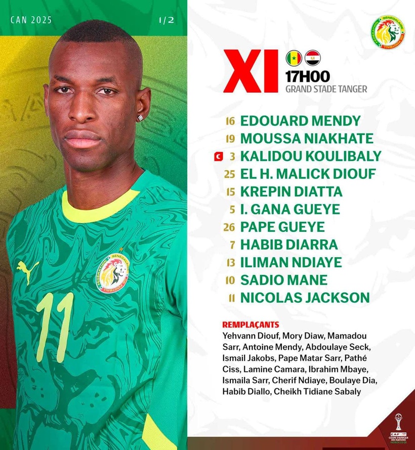 Sénégal vs Égypte (CAN 2025): le onze de départ des “Lions” avec Nicolas Jackson