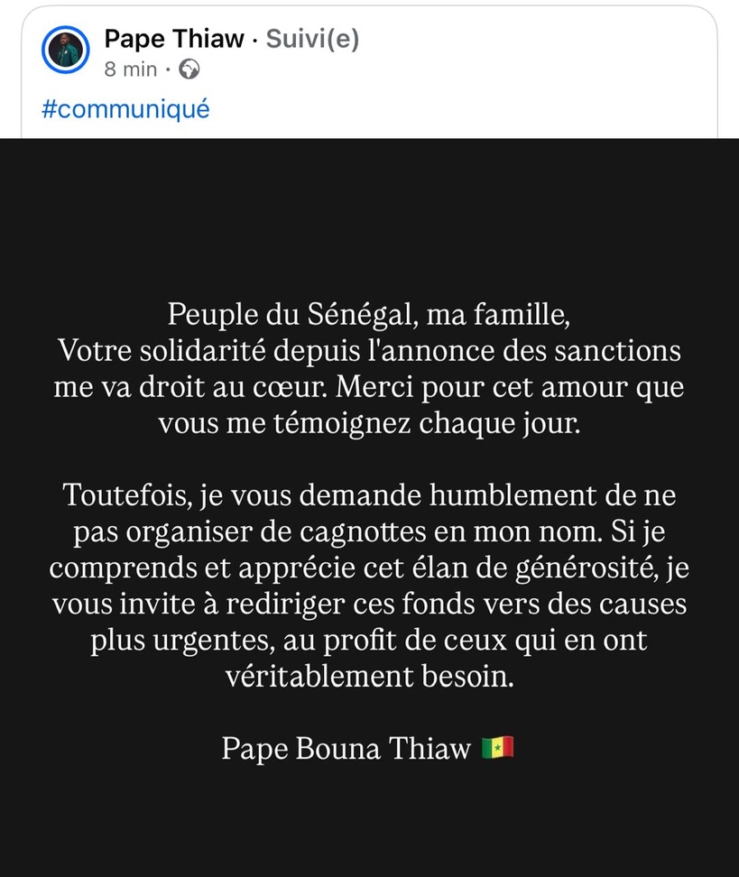 Amende de la CAF : Pape Bouna Thiaw décline la cagnotte malgré la mobilisation des Sénégalais Amende de la CAF : Pape Bouna Thiaw décline la cagnotte malgré la mobilisation des Sénégalais
