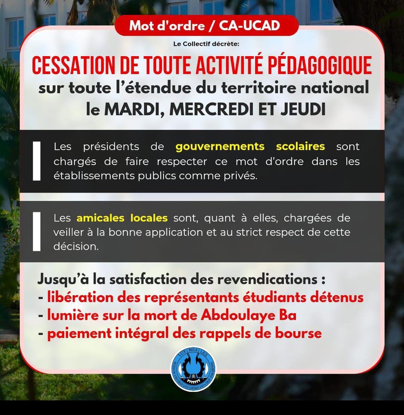UCAD : le Collectif des amicales décrète trois jours de cessation de toute activité pédagogique au Sénégal