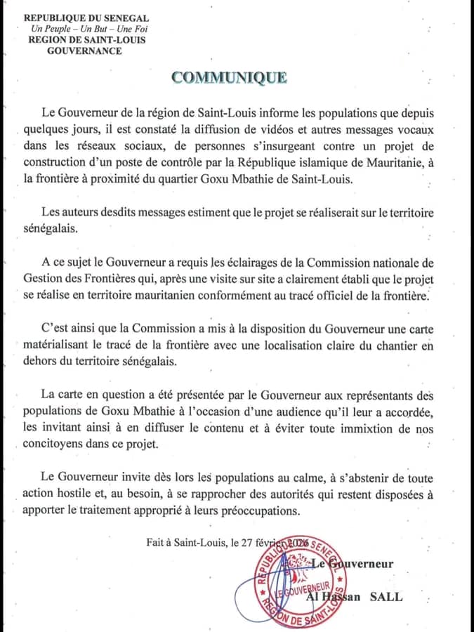 ​Frontière de Goxu Mbathie : le Gouverneur lève toute équivoque sur le chantier mauritanien