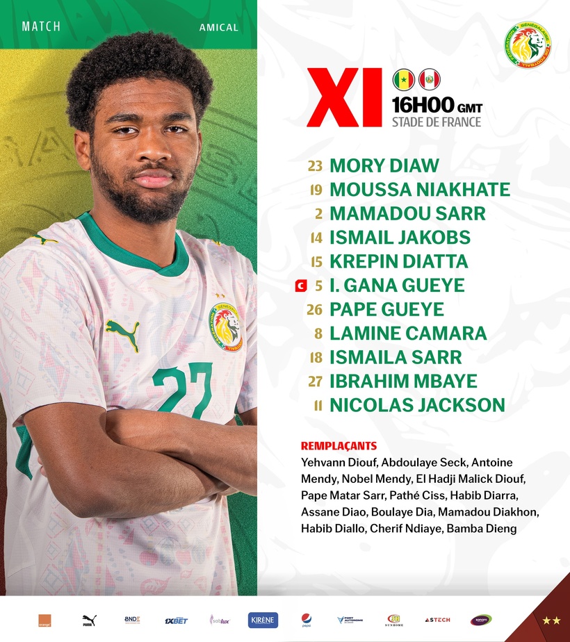 Sénégal - Pérou : le onze de départ des "Lions" avec Ibrahima Mbaye, Mamadou Sarr et Mory Diaw Sénégal - Pérou : le onze de départ des "Lions" avec Ibrahima Mbaye, Mamadou Sarr et Mory Diaw
