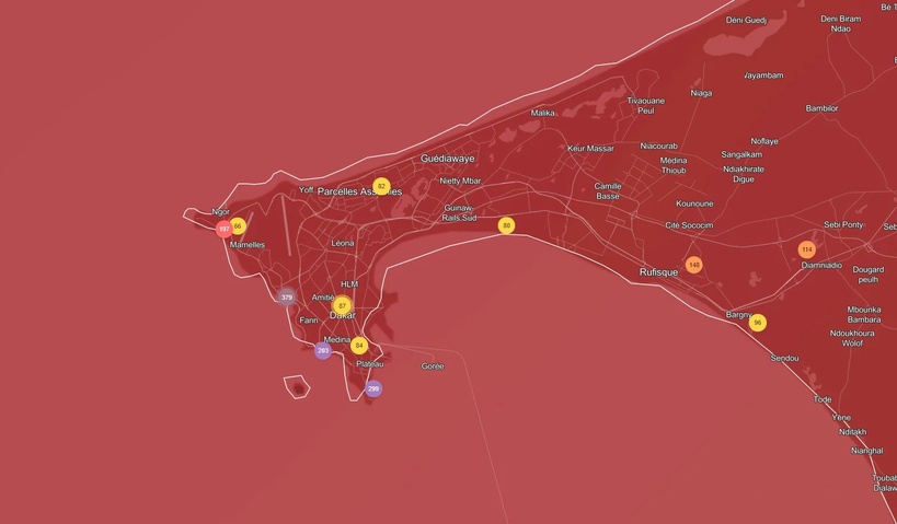 Carte de la qualité de l'air à Dakar, Sénégal, le 2 avril 2026. Source : IQAir : IQAir.
