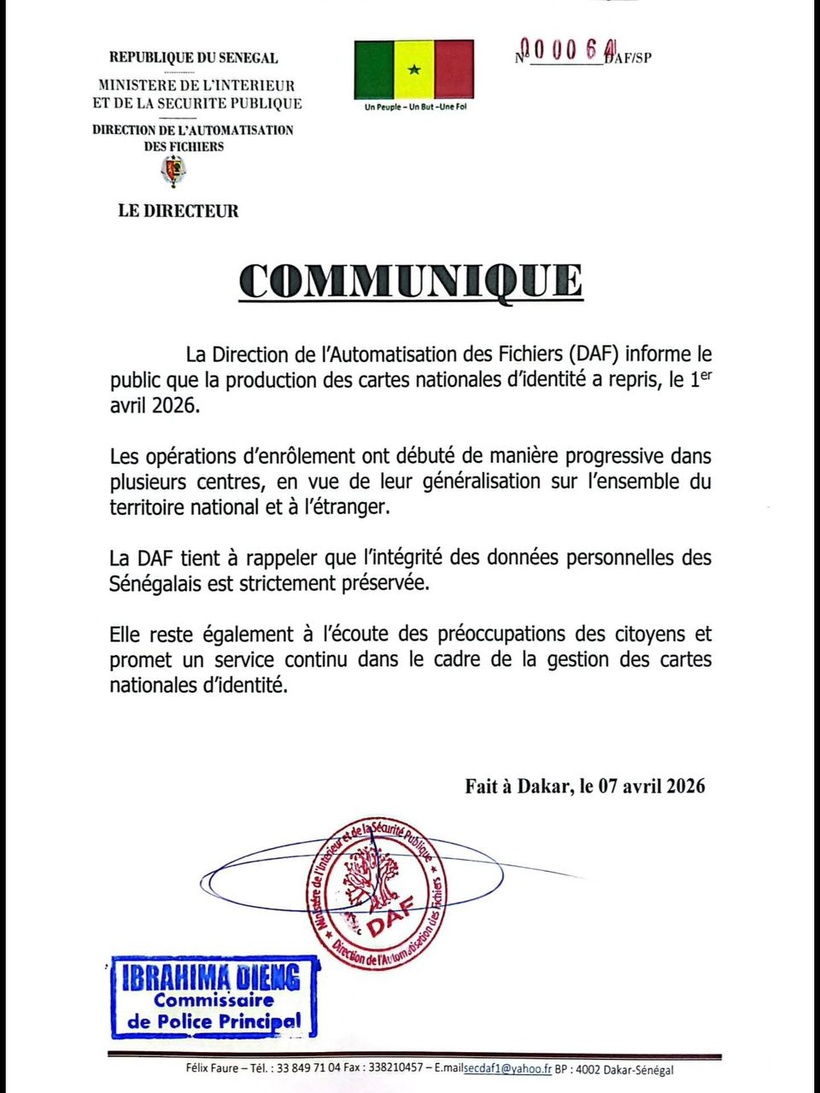 ​DAF : la production des cartes nationales d'identité reprend après deux mois de suspension 