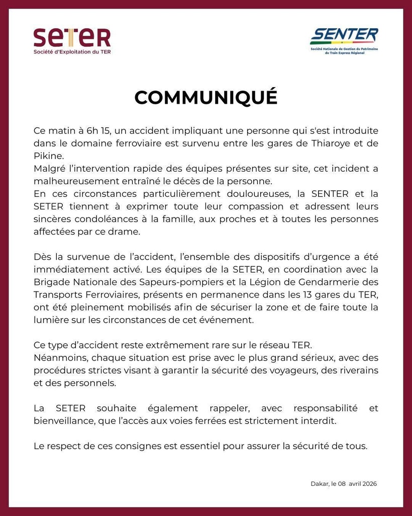Incident voyageur dans le TER : la SENTER et la SETER « expriment toute leur compassion » à la famille de la victime Incident voyageur dans le TER : la SENTER et la SETER « expriment toute leur compassion » à la famille de la victime