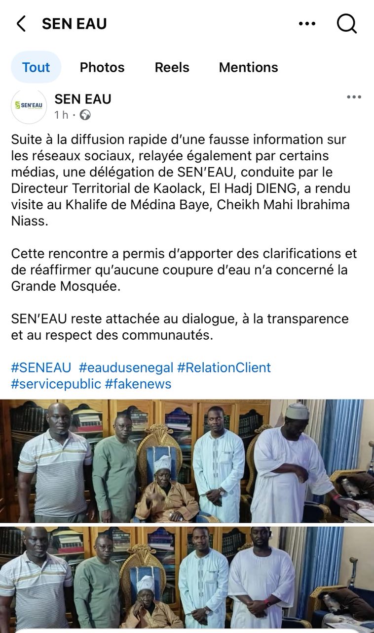 Kaolack: une délégation de Sen’Eau visite le Khalife et dément la rumeur de coupure d'eau à la Grande mosquée Kaolack: une délégation de Sen’Eau visite le Khalife et dément la rumeur de coupure d'eau à la Grande mosquée